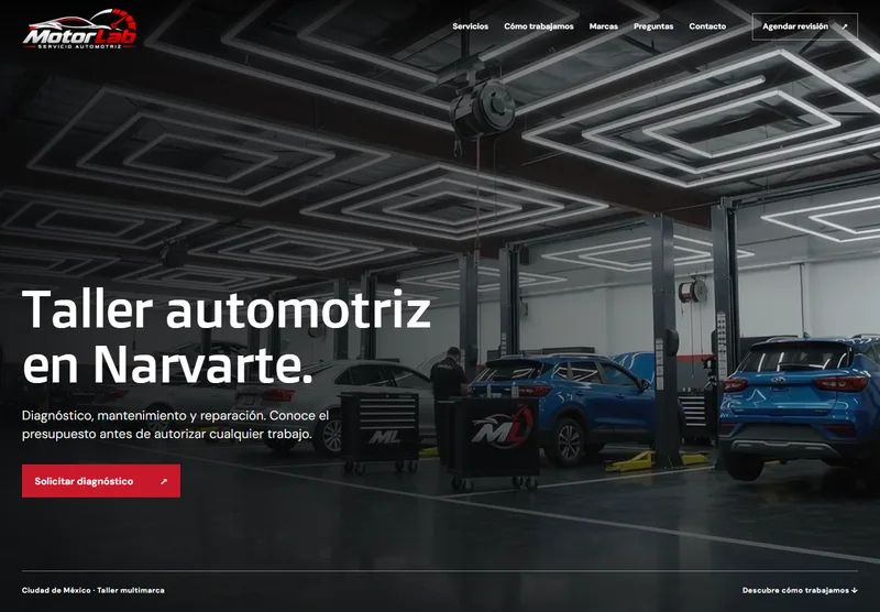 Página de demostración MotorLab para servicio automotriz